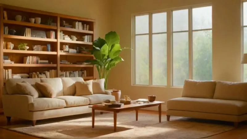 Mujer serena en un salón soleado