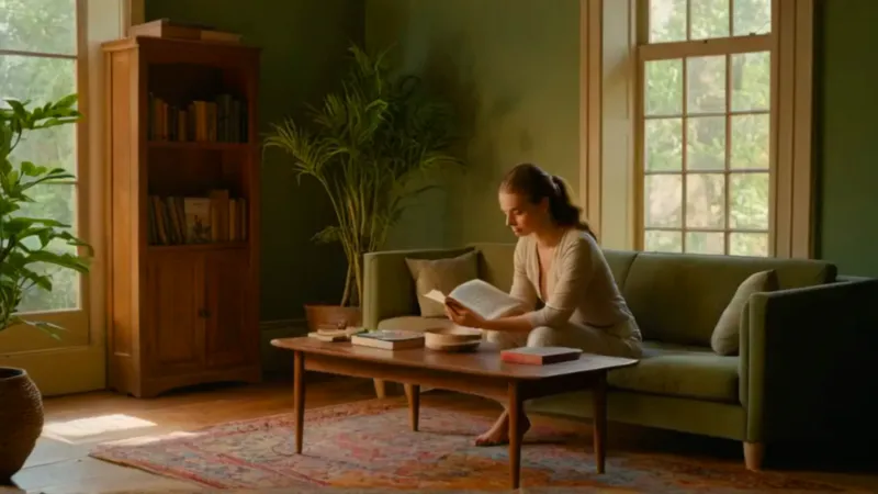 Mujer lee concentrada en una habitación