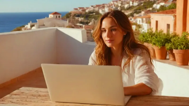 Mujer trabaja en una terraza frente al mar