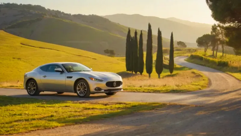 Mujer y coche en un atardecer toscano