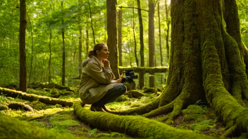 Fotógrafo de naturaleza trabajando en el bosque