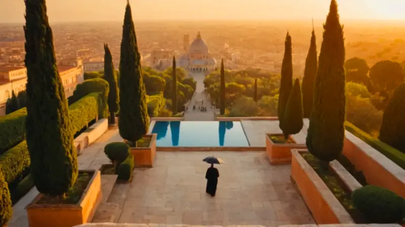 Una figura contempla la ciudad al atardecer