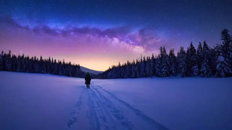 Una figura contempla la aurora en la nieve