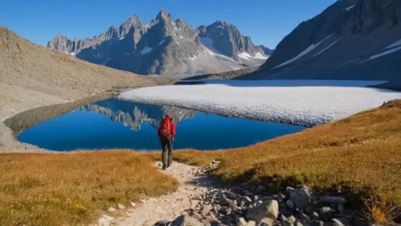 Excursionista contempla montañas reflejadas en el lago