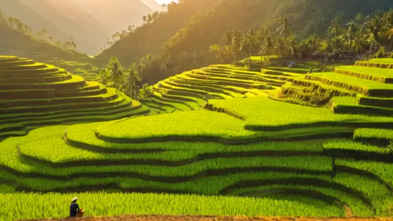 Amanecer en un valle de arrozales