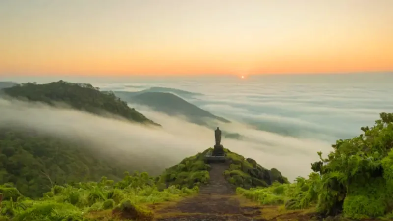 Solitaria figura contempla el brumoso valle