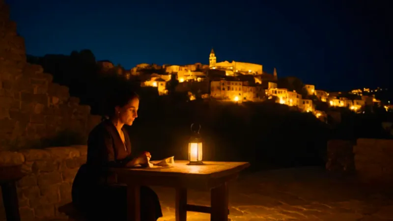 Mujer solitaria contempla la colina iluminada