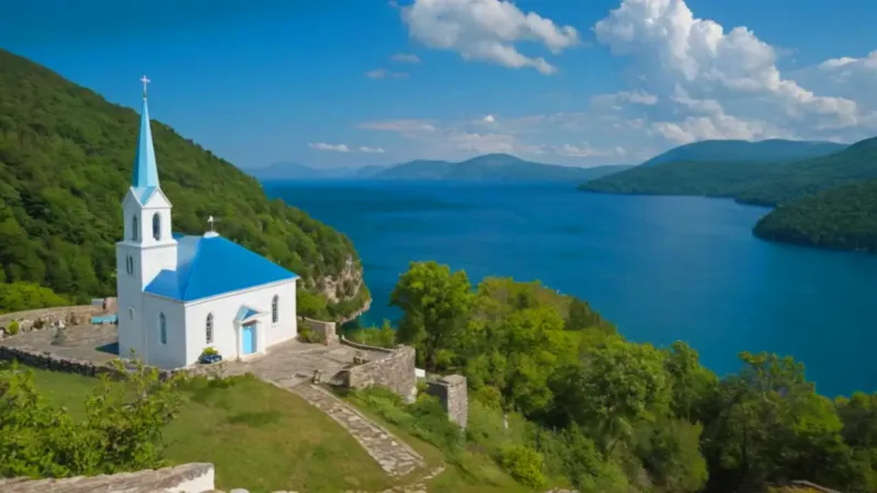 Paisaje de lago, isla y montañas