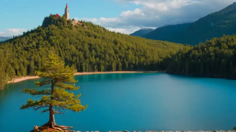 Un lago de cuento con isla y castillo