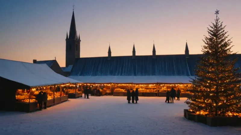 Plaza navideña iluminada en noche invernal