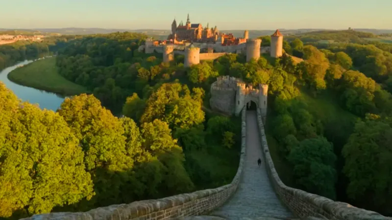 Un viajero en un puente al amanecer