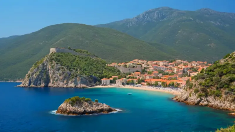 Panorámica soleada de la costa de Budva