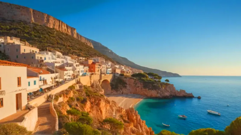 Soleado pueblo blanco junto al mar