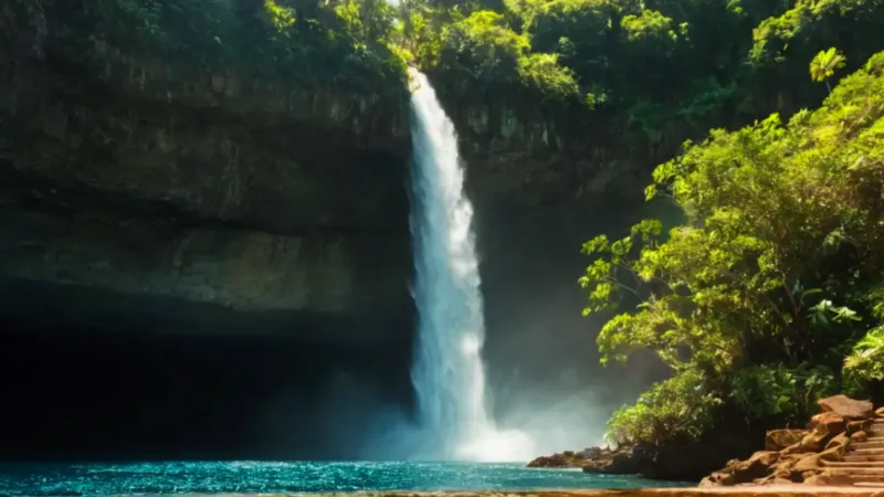 Hombre contempla una imponente cascada selvática