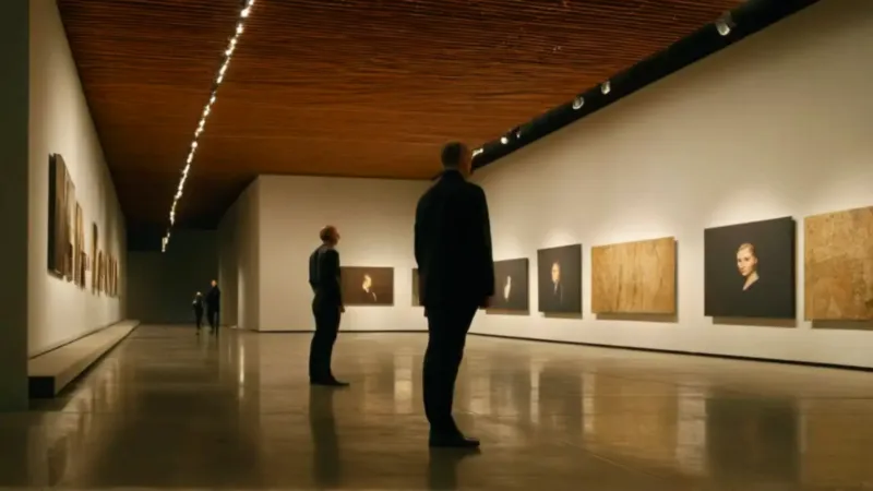 Figura solitaria contempla arte en la penumbra