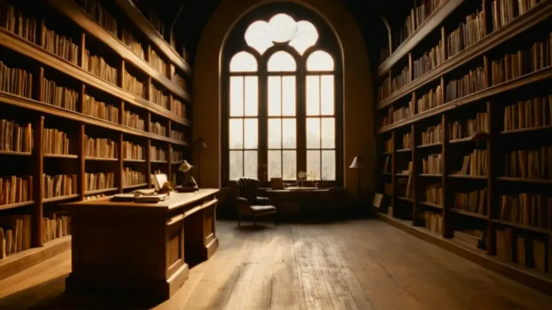 Luz inunda una vasta biblioteca silenciosa