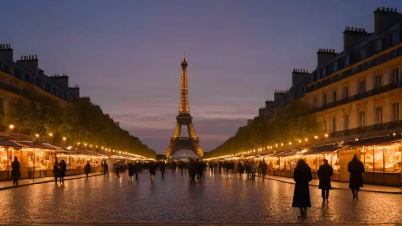 Anochecer parisino en un mercado iluminado