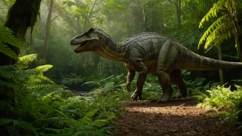 Un humano frente a un arcosaurio gigante