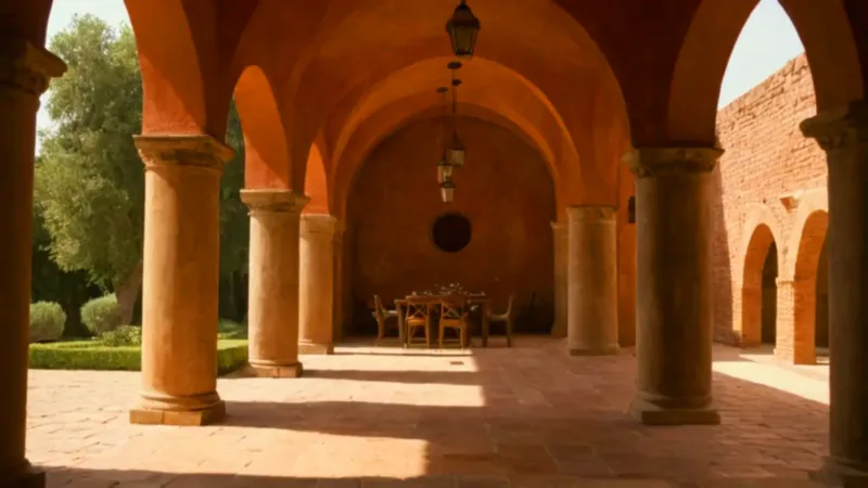 Luz dorada inunda un vasto salón abovedado