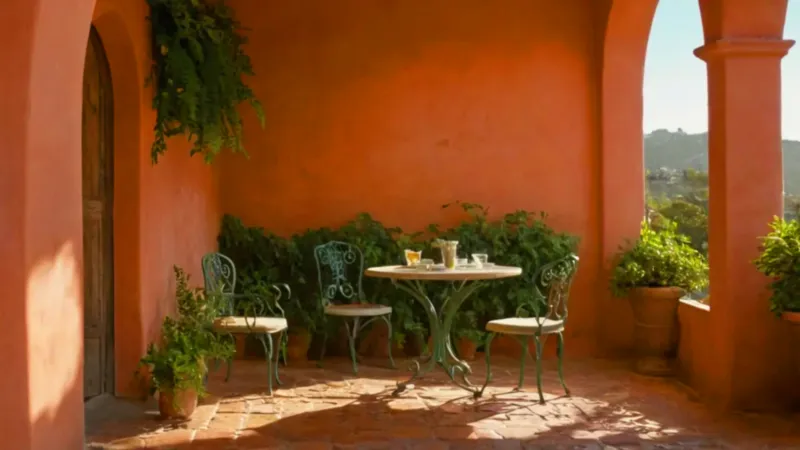 Mujer solitaria en un patio al atardecer