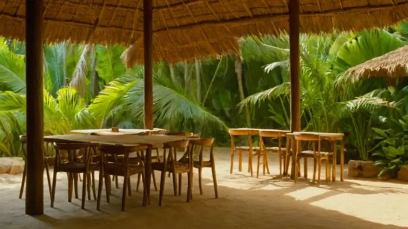 Un bar rústico tropical entre luz y sombra