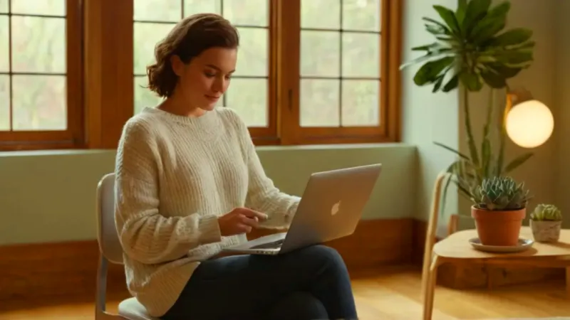 Mujer enfocada en su móvil en casa