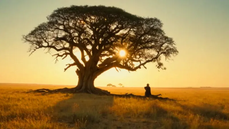 Un homínido en un árbol al atardecer