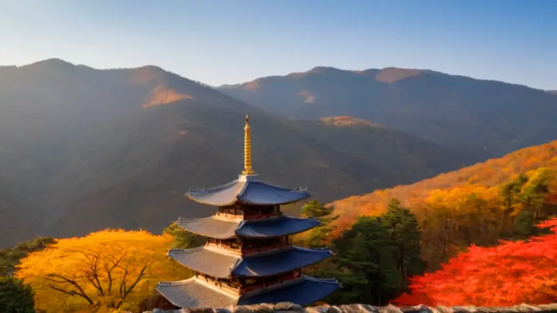 Templo sereno entre montañas de otoño