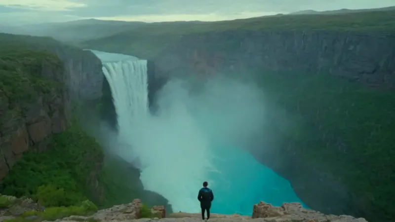 Una figura ante la imponente cascada