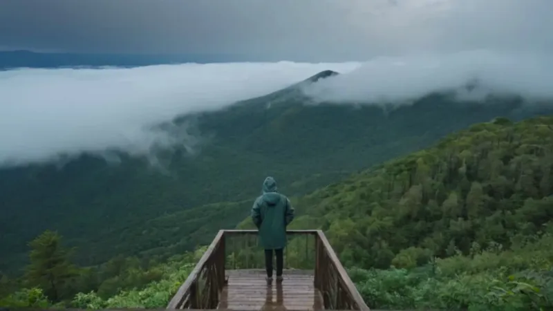 Figura solitaria contempla el volcán nublado