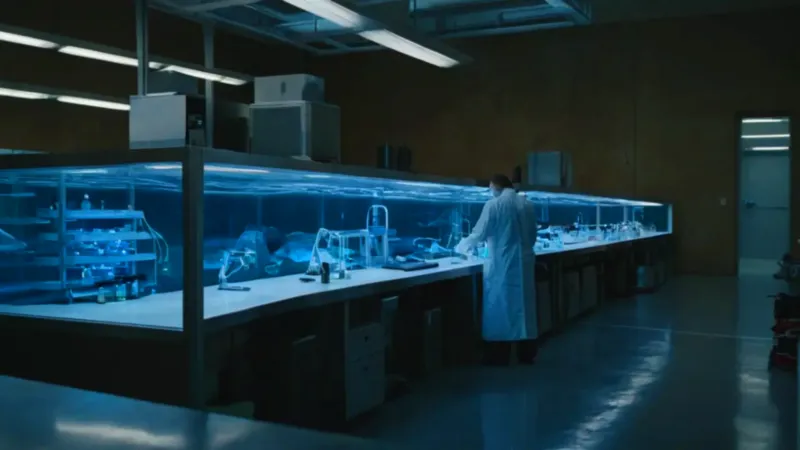 Investigador observa un espécimen en la penumbra