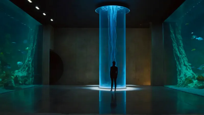 Una silueta contempla medusas bioluminiscentes