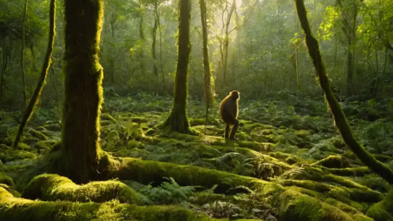 Un explorador encuentra un primate en la selva