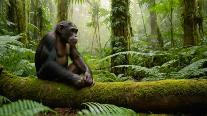 Alguien observa a un chimpancé en la selva