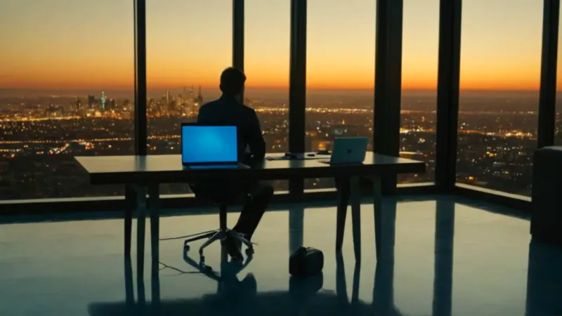 Hombre concentrado en su pantalla al atardecer
