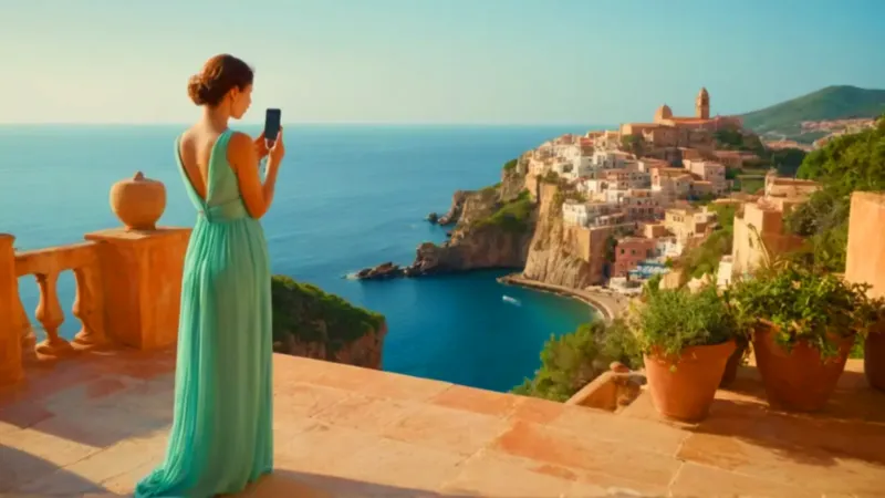 Mujer conectada en un paraíso costero