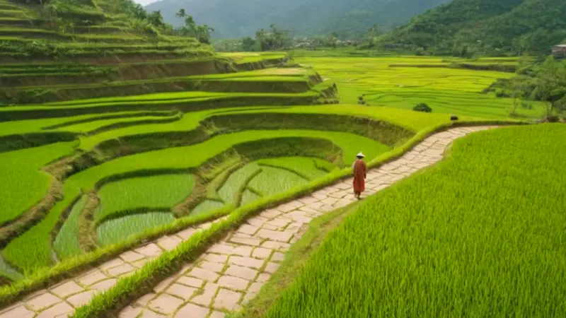 Una figura contempla el inmenso valle verde
