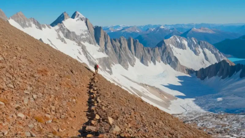Excursionista solitario en la inmensa montaña