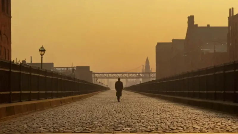 Un solitario camina hacia el puente industrial