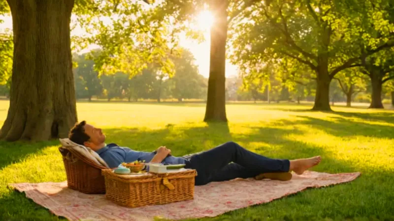 Hombre de picnic en un parque urbano