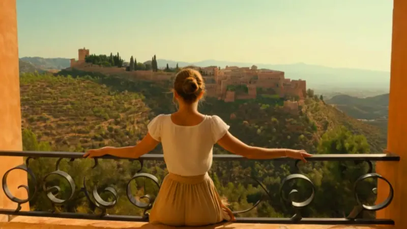 Mujer contempla la Alhambra desde un balcón