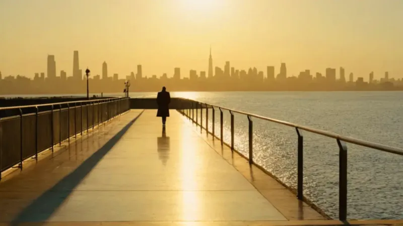 Figura contempla la ciudad al atardecer