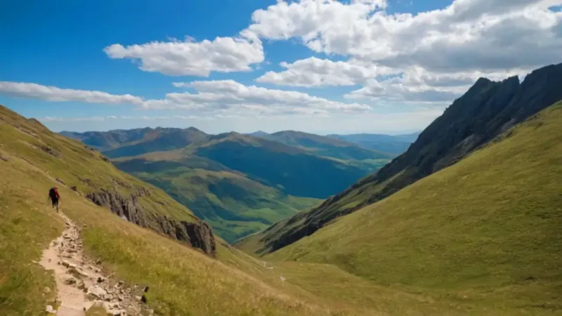 Excursionista contempla el valle entre las montañas