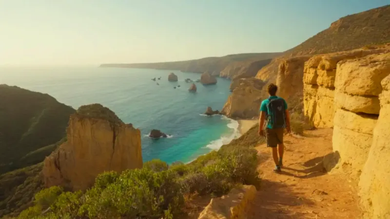 Excursionista solitario contempla el mar dorado