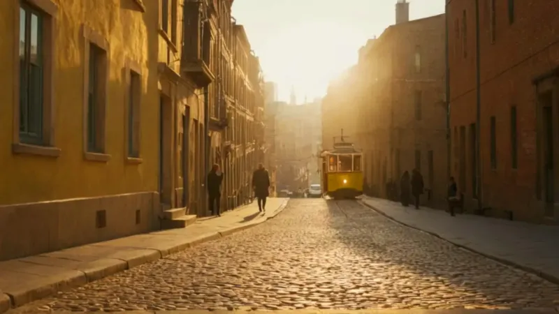 Calle empinada con tranvía al atardecer