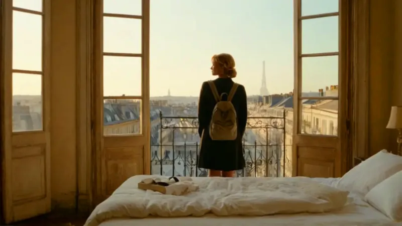 Mujer contempla París desde una ventana soleada
