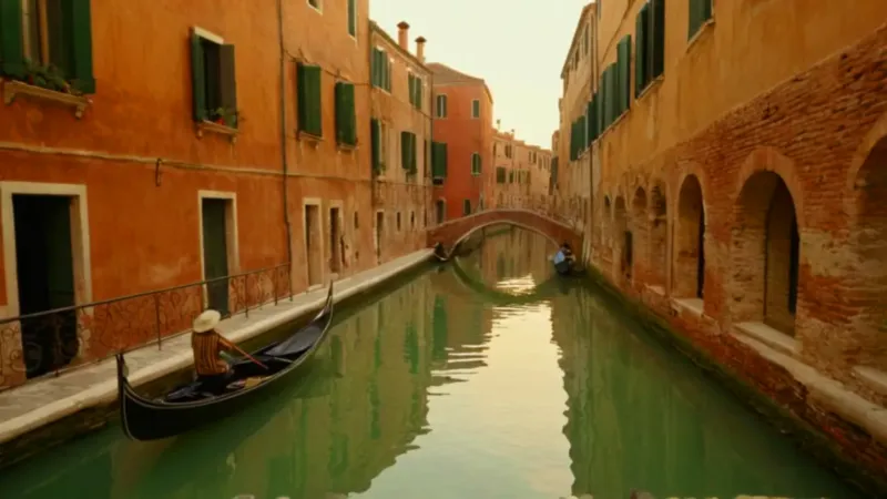 Un gondolero rema en un canal veneciano
