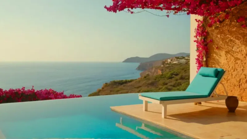 Mujer descansa en piscina sobre el mar