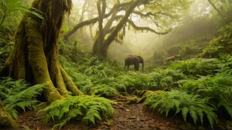 Una figura observa elefantes en la selva