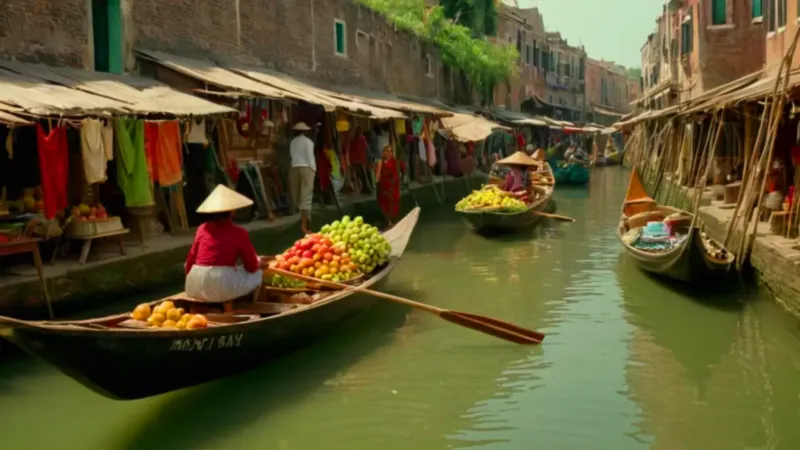 Mercado flotante en un canal bullicioso